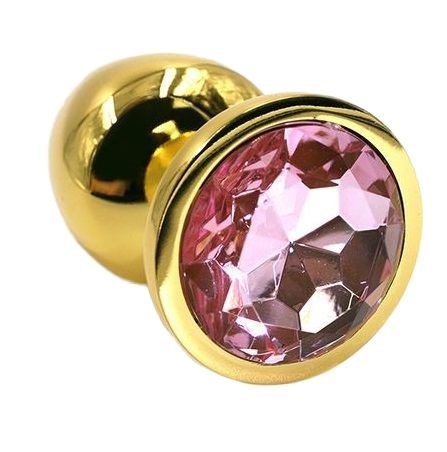 Золотистая анальная пробка с светло-розовым кристаллом, 6х2,8 см - фото 144255