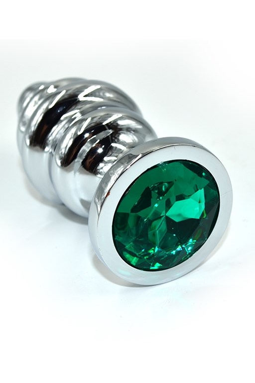 Серебряная ребристая анальная пробка темно-зеленым кристаллом, 8,8х4 см - фото 148637