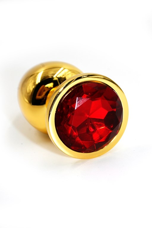 Золотистая анальная пробка с ярко-красным кристаллом, 6х2,8 см - фото 148645