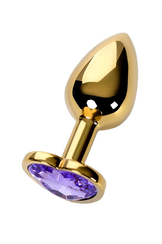Золотистая анальная втулка с фиолетовым кристаллом-сердечком, 7х2,7 см - фото 153405