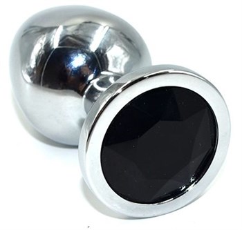 Серебристая анальная пробка с черным кристаллом, 8,5х3 см