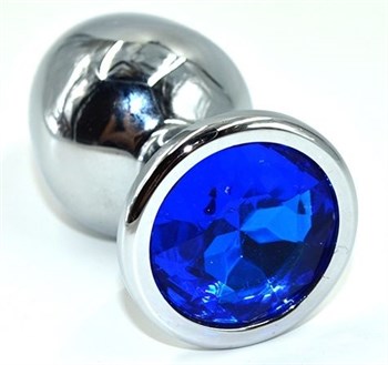 Серебристая анальная пробка с синим кристаллом, 8,5х4,2 см