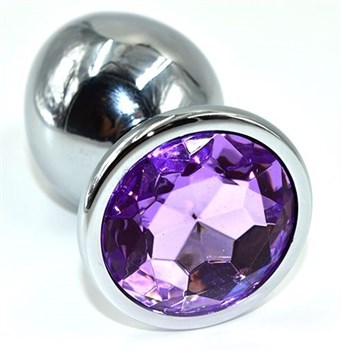 Серебристая анальная пробка с фиолетовым кристаллом, 10 см