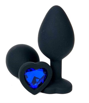 Черная силиконовая пробка с синим кристаллом-сердцем, 8х2,5 см