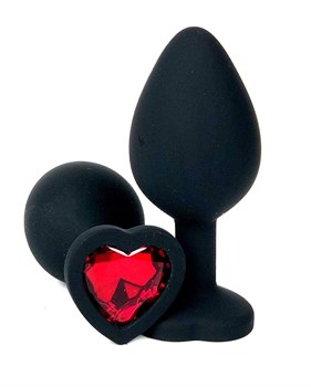 Черная силиконовая пробка с красным кристаллом-сердцем, 8,5х3 см