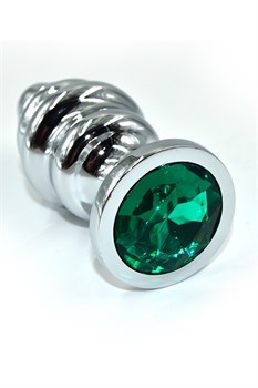 Серебряная ребристая анальная пробка темно-зеленым кристаллом, 8,8х4 см