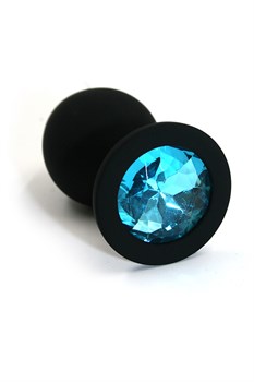 Черная анальная пробка из силикона с нежно-голубым кристаллом, 7х3,5 см